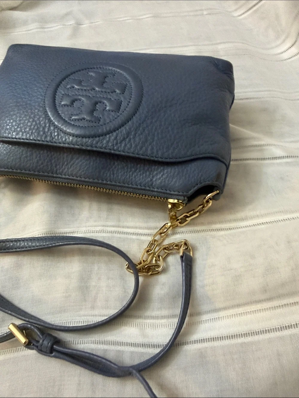 Tory Burch Cornflower Blue Leather Crossbody with Chain Strap